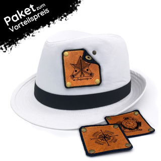 TS Fedora Hut weiß, mit 3 wechselbaren Lederpatches, Motive Wegweiser Kompass Taschenuhr, Trilby Hat, Hipster Hut, Cooler Sommerhut (weiß, S/M)